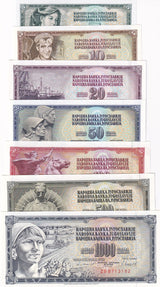 Yugoslavia Set 7 Pcs 5 10 20 50 100 500 1000 DINARA Random Dates UNC