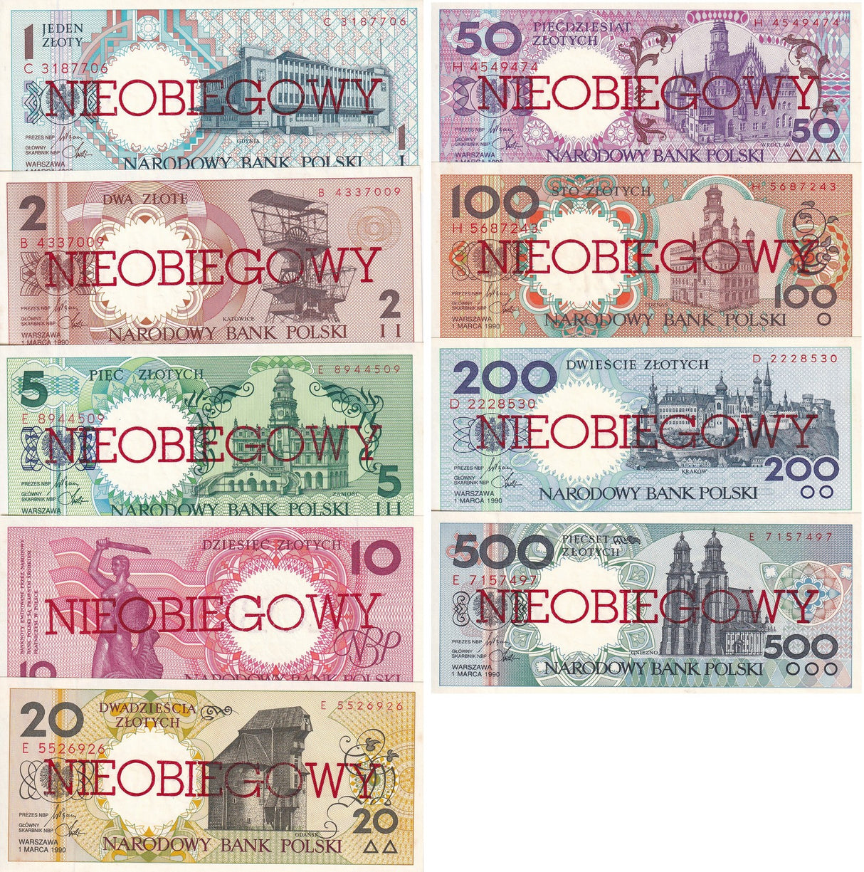 Poland Set 9 UNC Little Tone 1 2 -200 500 ZL 1990 P 164 165-171 172 b Cancelled