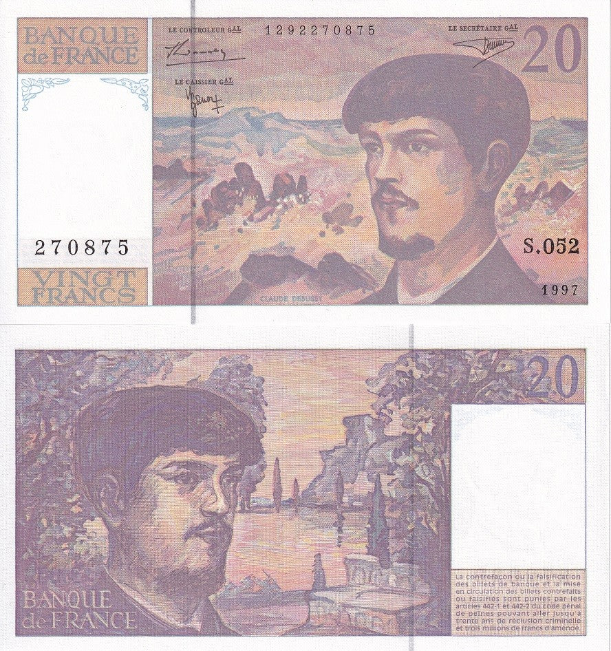 France 20 Francs 1997 P 151 i UNC , Claude Debussy, lake scene