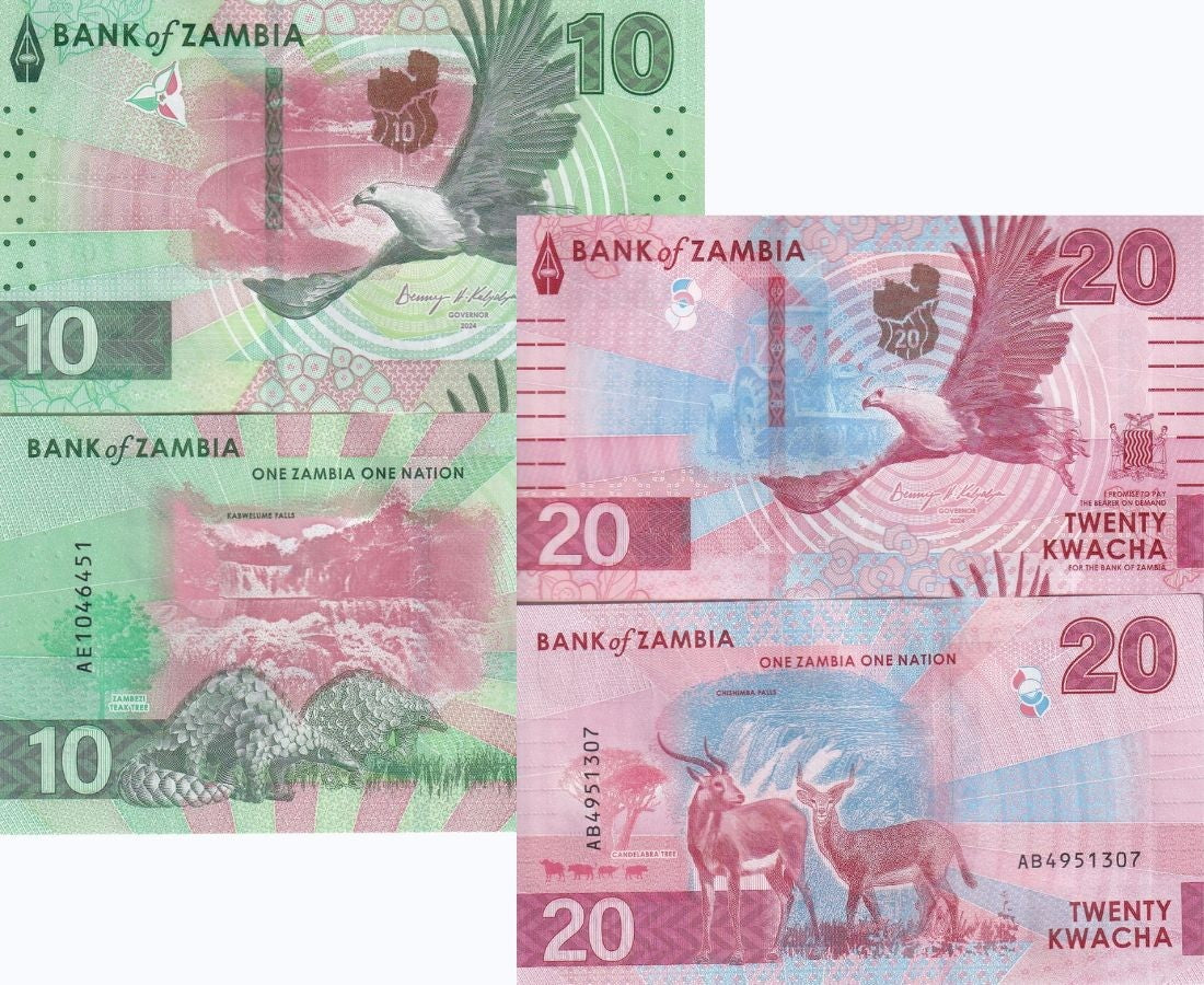 Zambia Set 2 UNC 10 20 Kwacha 2024 2025 P 62 63 ,Fish eagle, Chishimba Falls