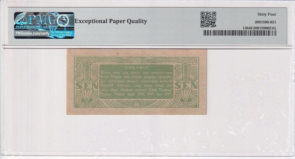 Indonesia 1 Sen 1945 P 13 Choice UNC PMG 64 EPQ