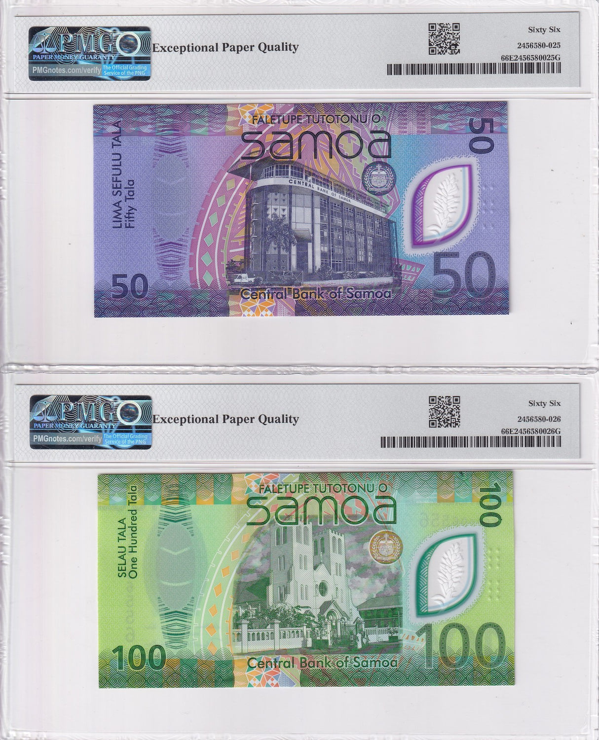 Samoa Set 2;50 100 Tala ND 2025 P New Polymer Comm. 0006556 Gem UNC PMG 66 EPQ