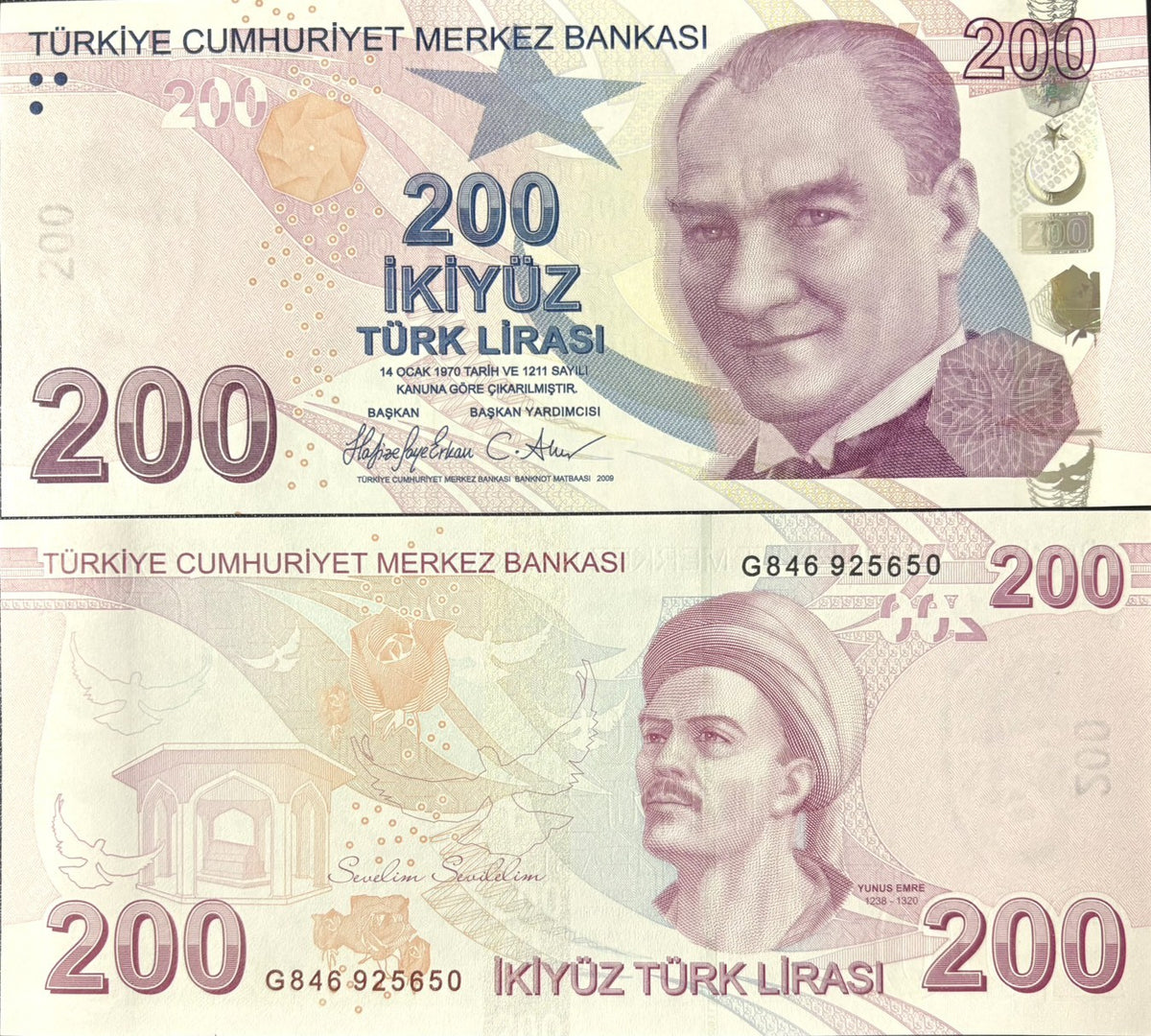 Turkey 200 Lira ND 2009/2023 P 227 f Random Prefix UNC , Yunus Emre