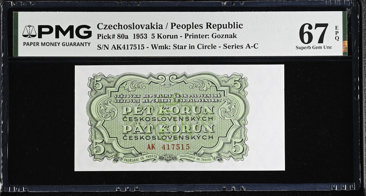 Czechoslovakia 5 Korun 1953 P 80 a Superb Gem UNC PMG 67 EPQ