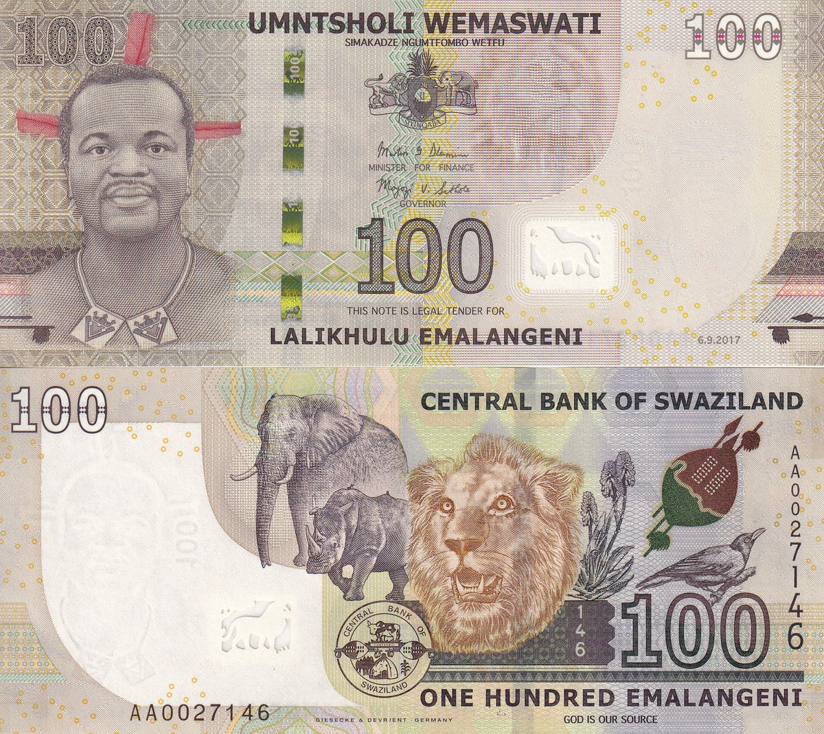 Swaziland 100 Emalangeni 2017 P 42 HYBRID UNC ,Elephant, Rhinoceros, Lion,bird
