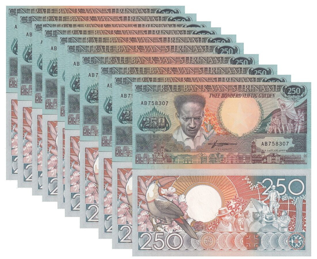 Suriname 250 Gulden 1988 P 134 UNC Lot 10 Pcs