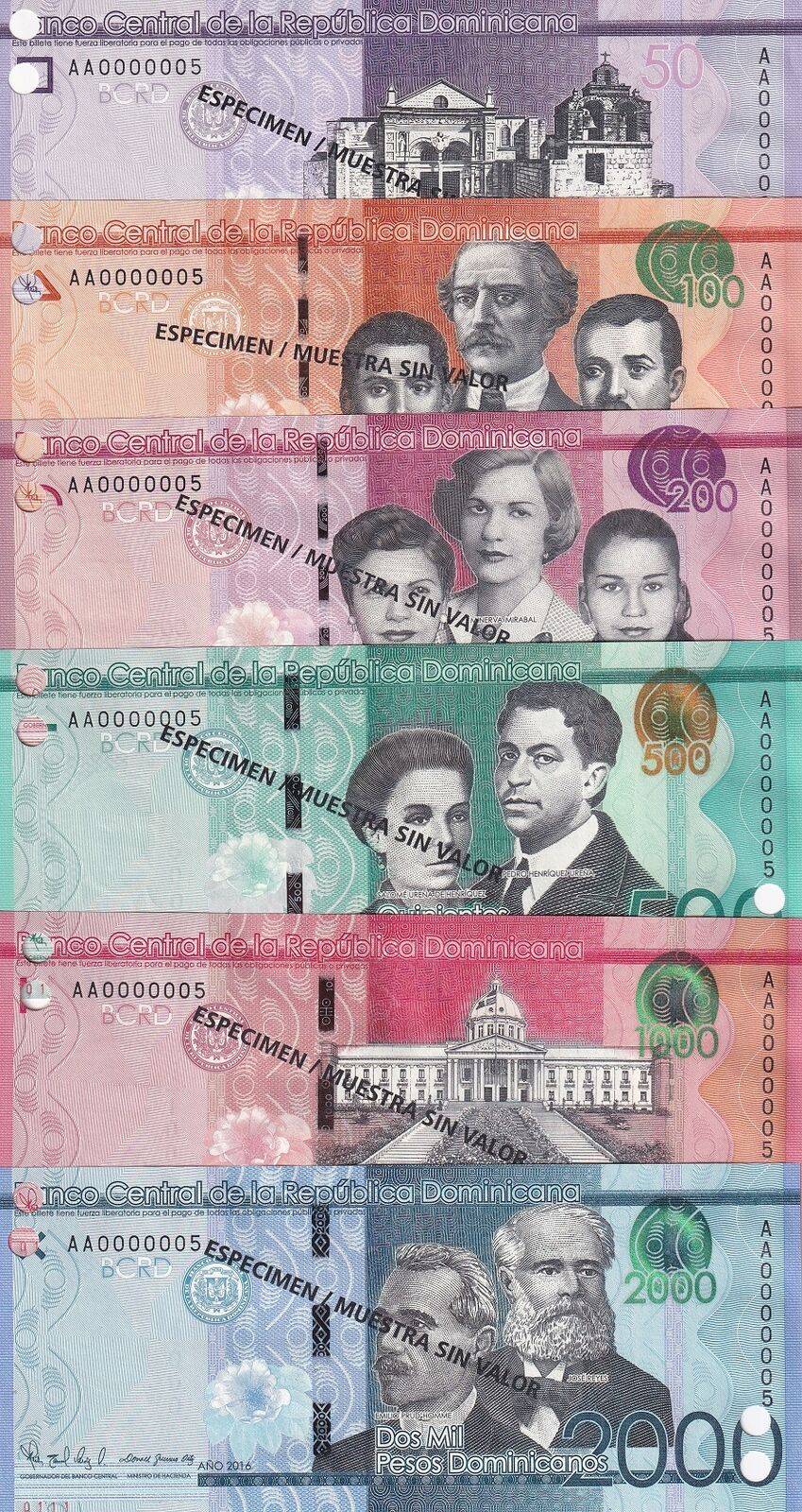 Dominican Set 6 UNC 50 100 - 2000 Pesos 2016 P 189 P 190 - P 194 SPECIMEN