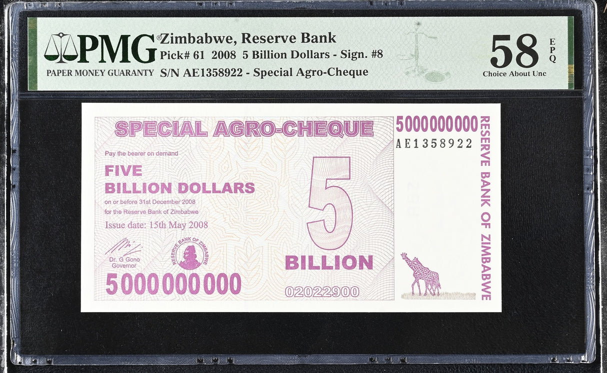Zimbabwe 5 Billion Dollars 2008 P 61 Choice About UNC PMG 58 EPQ