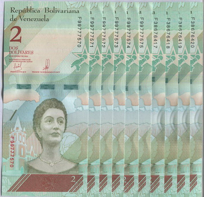 Venezuela 2 Bolivares 2018 P 101 UNC LOT 10 PCS 1/10 BUNDLE