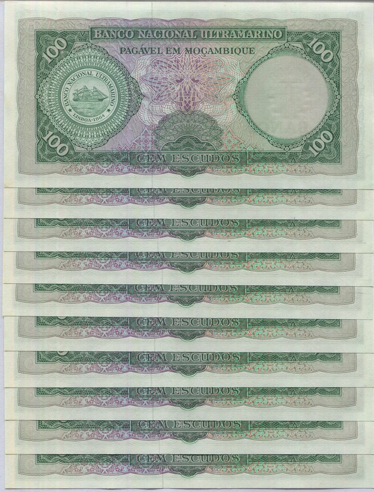 Mozambique 100 Escudos 1961 P 117 UNC LOT 10 PCS ,Aires de Ornelas
