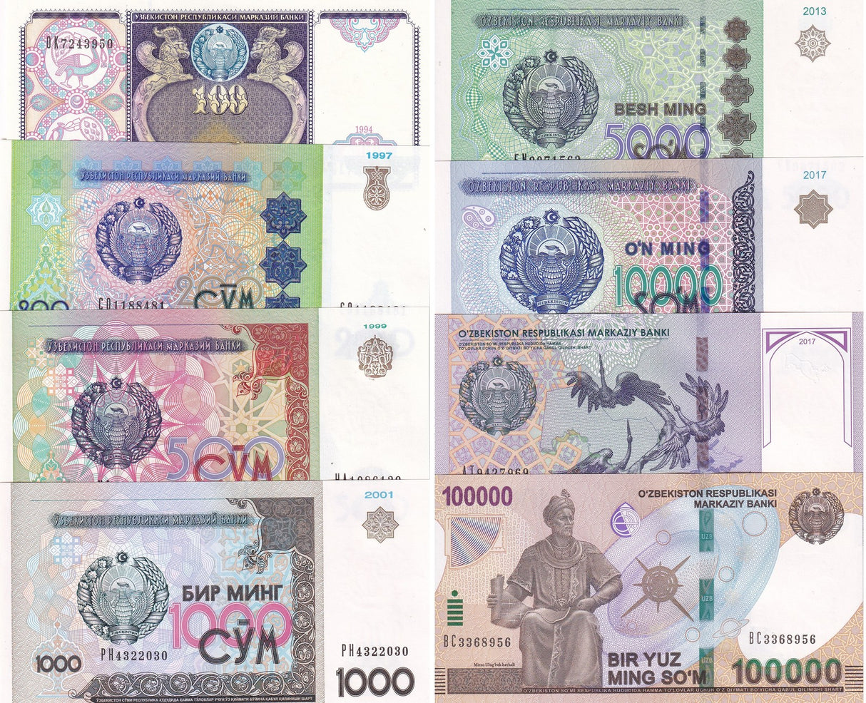 Uzbekistan Set 8 UNC 100 200 500 1000 5000 10000 50000 100000 Som 1994-2019