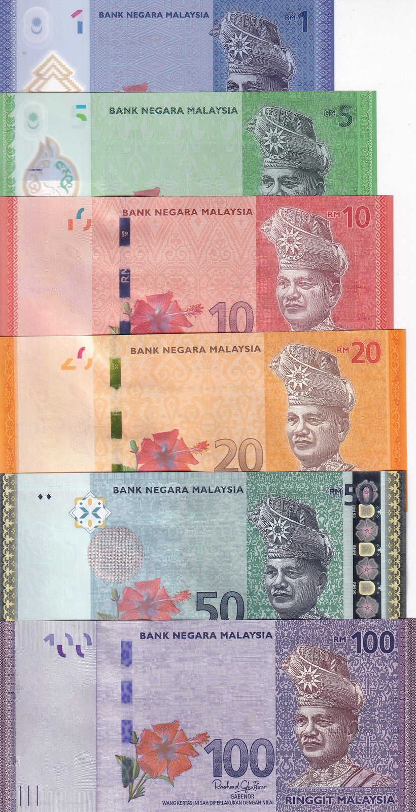 Malaysia Set 6 UNC 1 5 10 20 50 100 Ringgit ND 2011-2024 P 50 51 52 53 54 56