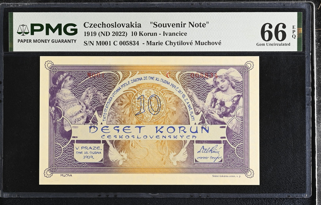 Czechoslovakia 10 Korun 1919 ND 2022 Souvenir Note Gem UNC PMG 66 EPQ
