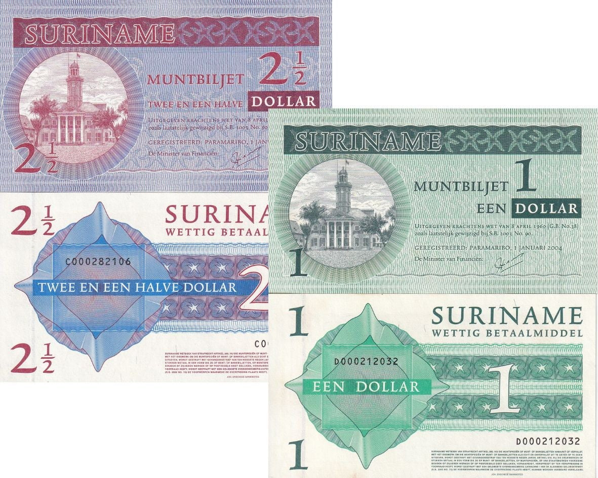Suriname Set 2 AUnc 1 2 1/2  Dollar 2004 P 155 P 156 AU