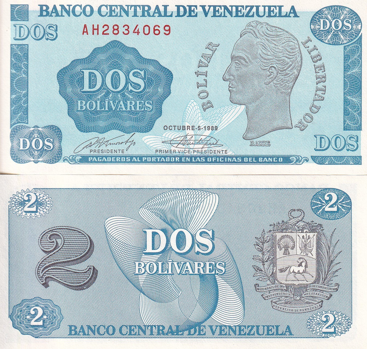 Venezuela 2 Bolívar 1989 P 69 UNC , Simon Bolivar Arms, small issued note