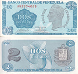 Venezuela 2 Bolívar 1989 P 69 UNC , Simon Bolivar Arms, small issued note