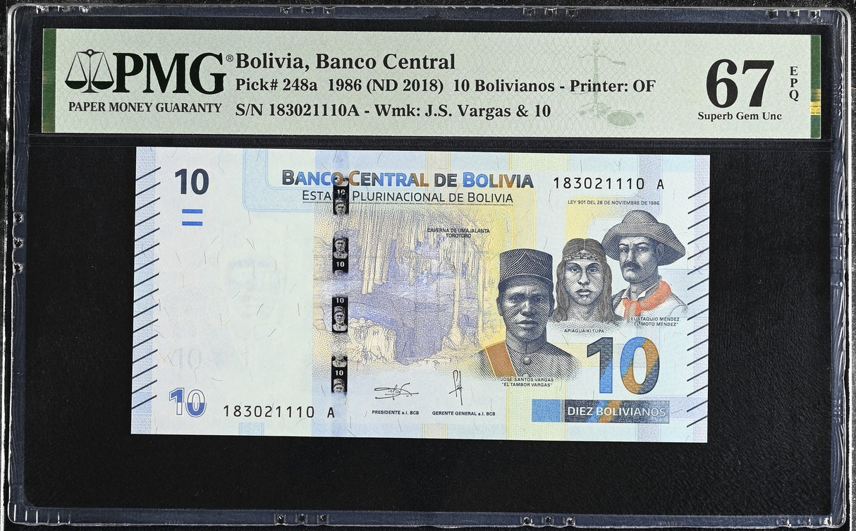 Bolivia 10 Bolivianos 1986 ND 2018 P 248 a Superb Gem UNC PMG 67 EPQ