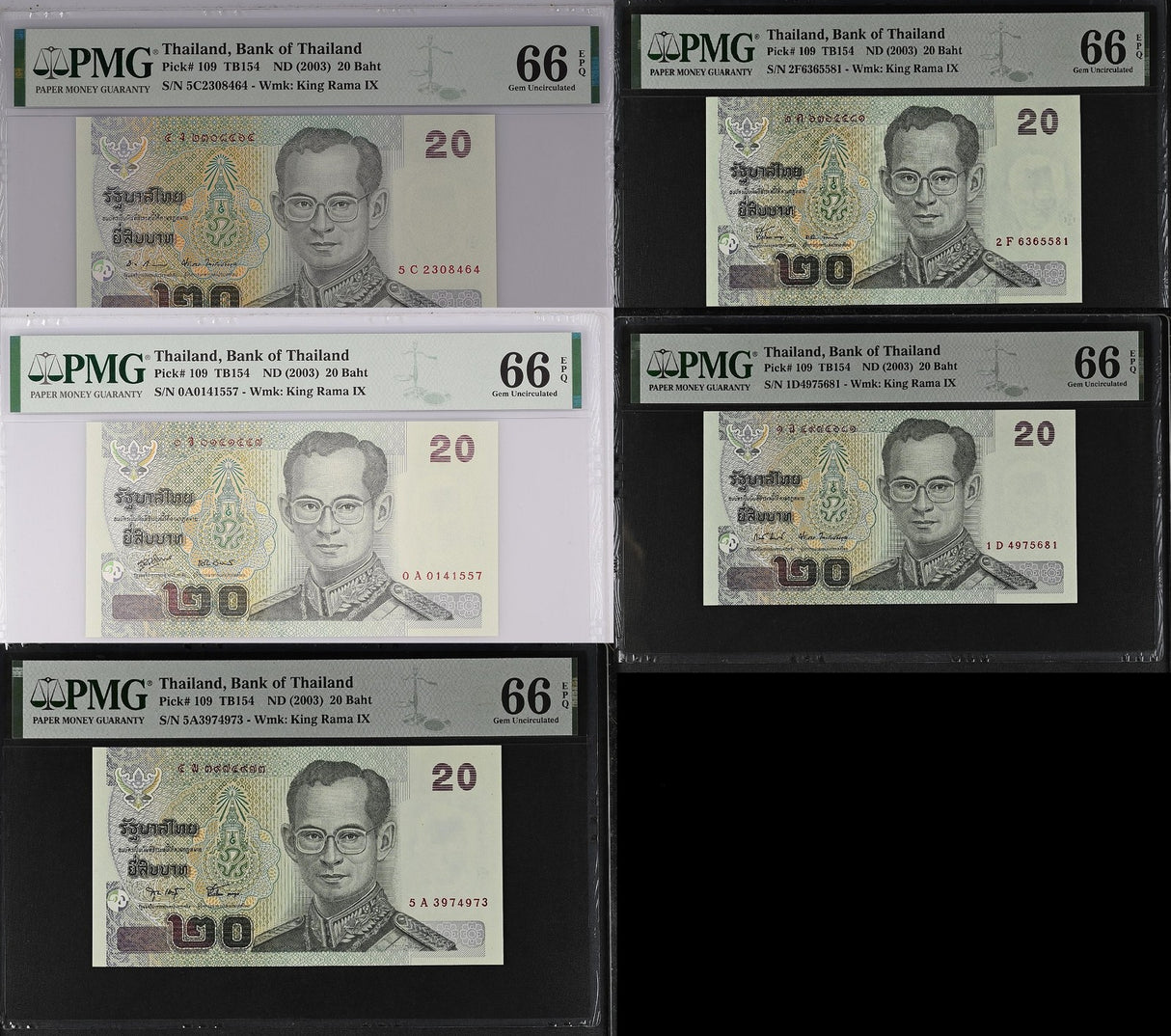 Thailand Set 5; 20 Baht ND 2003 P 109 Different 5 Signature Gem UNC PMG 66 EPQ
