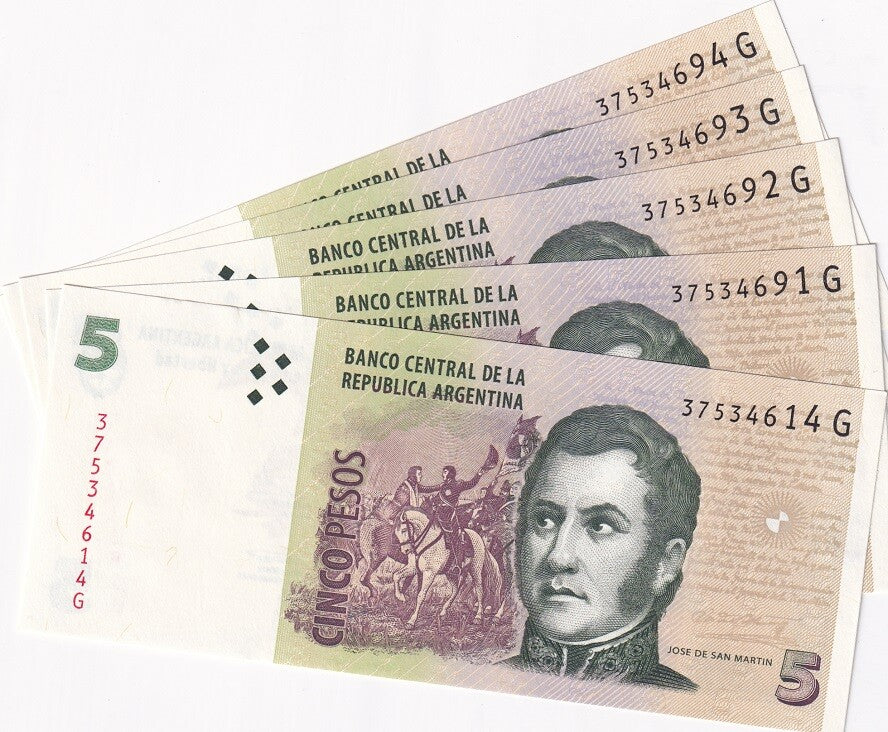Argentina 5 Pesos ND 2012 P 353 Mixed Suffix UNC LOT 5 UNC