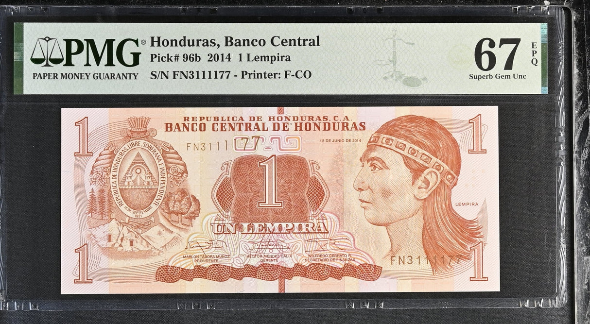 Honduras 1 Lempira 2014 P 96 b Superb Gem UNC PMG 67 EPQ