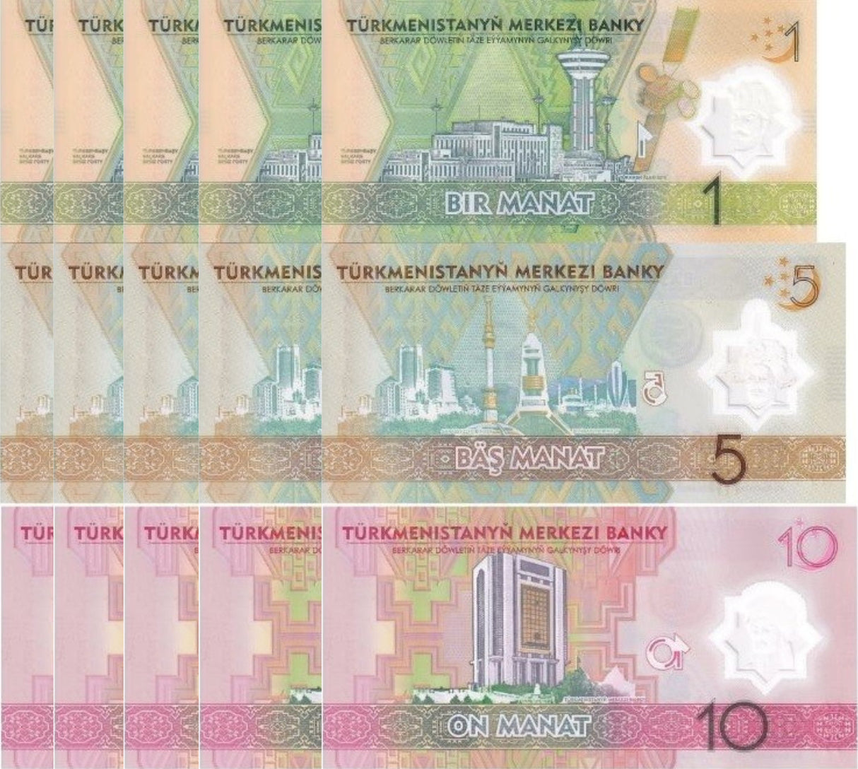 Turkmenistan Set 3 x Lot 5 = 15 UNC 1 5 10 Manat 2025 / 2026 POLYMER P New