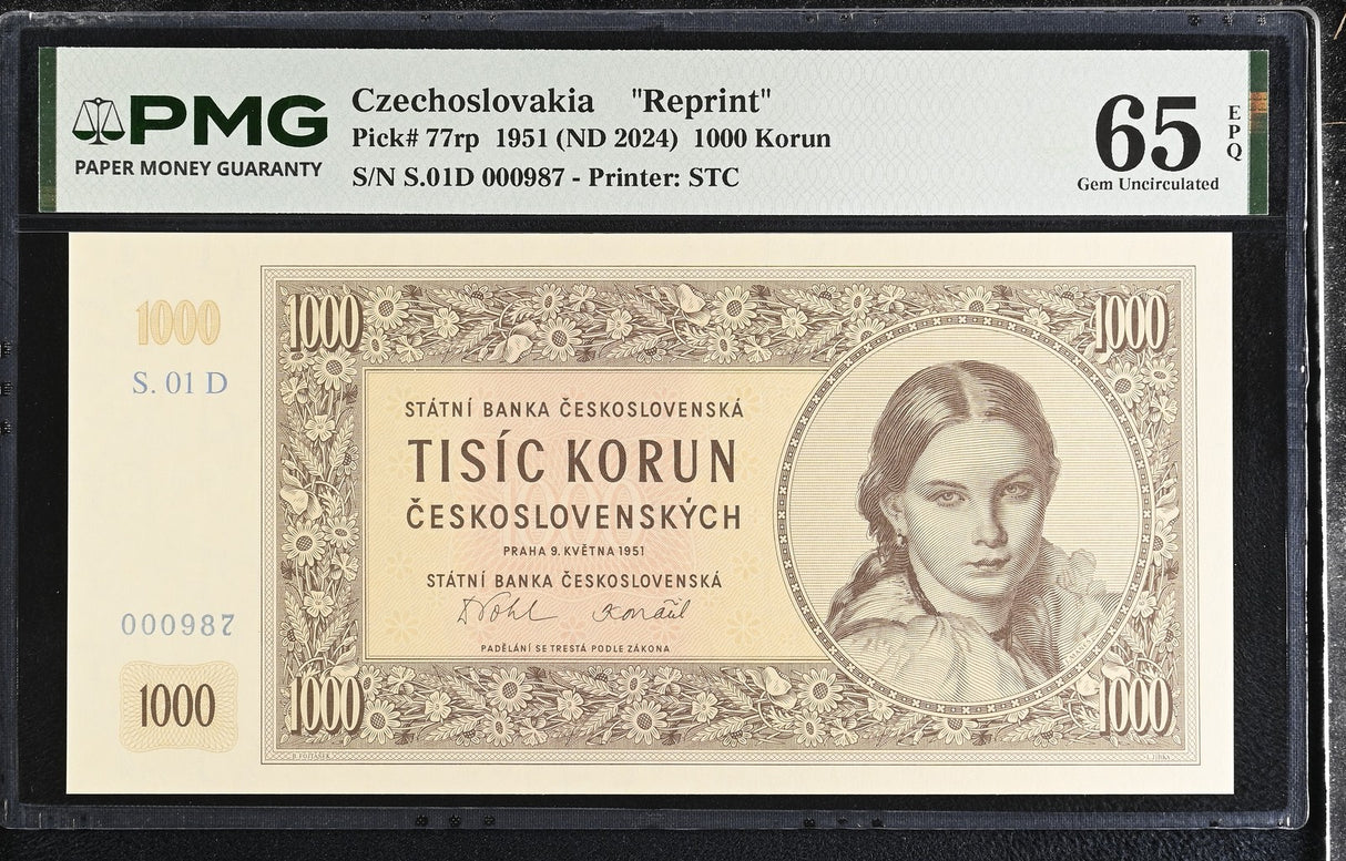 Czechoslovakia 1000 Korun 1951 ND 2024 P 77rp Gem UNC PMG 65 EPQ