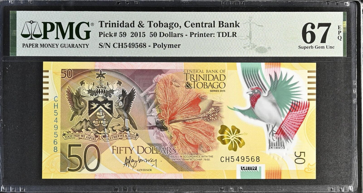 Trinidad & Tobago 50 Dollars 2015 P 59 Polymer Superb Gem UNC PMG 67 EPQ