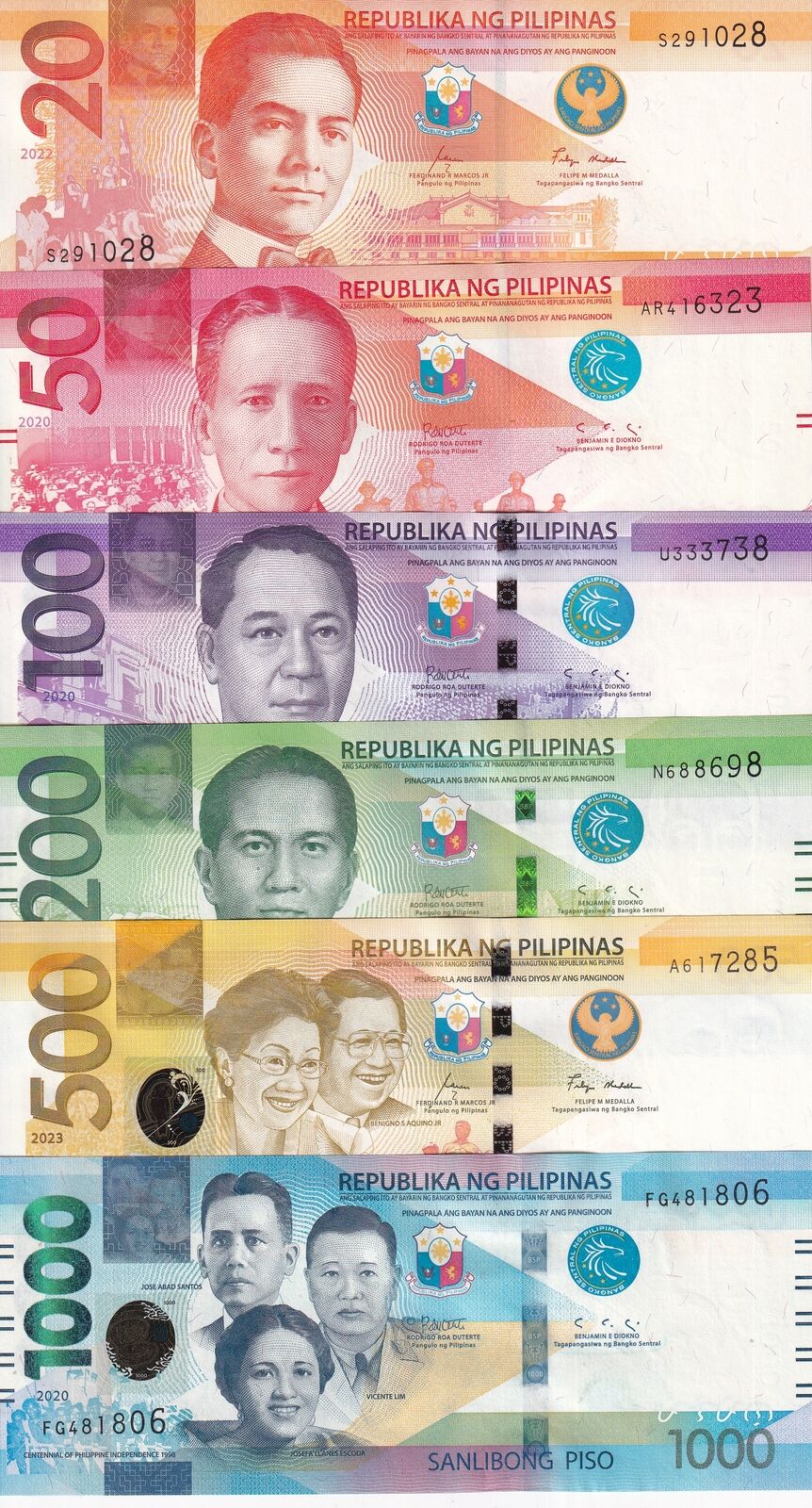 Philippines Set 6 UNC 20 50 100 200 500 1000 Pesos Mixed Date P 222 226 - 234