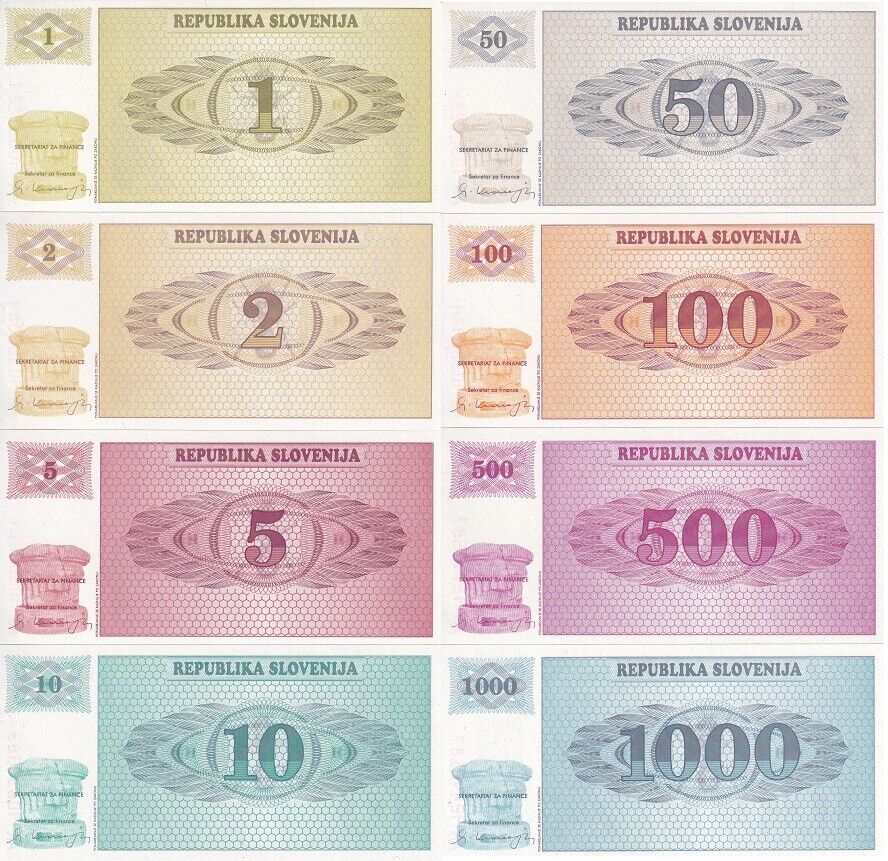 Slovenia Set 8 Pcs 1 - 1000 TOLAJEV SPECIMEN 1990-92  P 1-P 6, P 8b 9b UNC