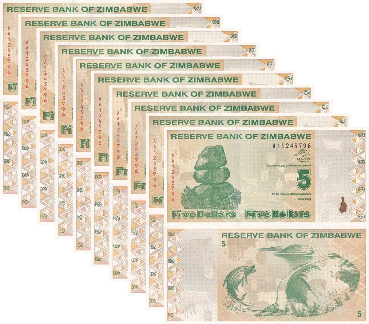 Zimbabwe 5 Dollars 2009 P 93 UNC LOT 10 PCS ,Tigerfish, Kariba dam, Chiremba