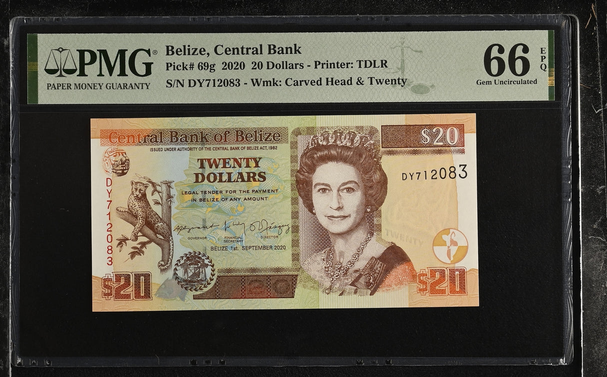 Belize 20 Dollars 2020 P 69 g QEII Gem UNC PMG 66 EPQ