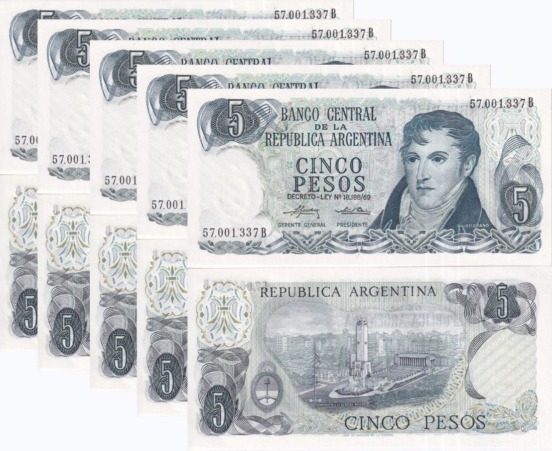 Argentina 5 Pesos ND 1975 P 294 UNC LOT 5 PCS ,Monument of the Flag), Rosario