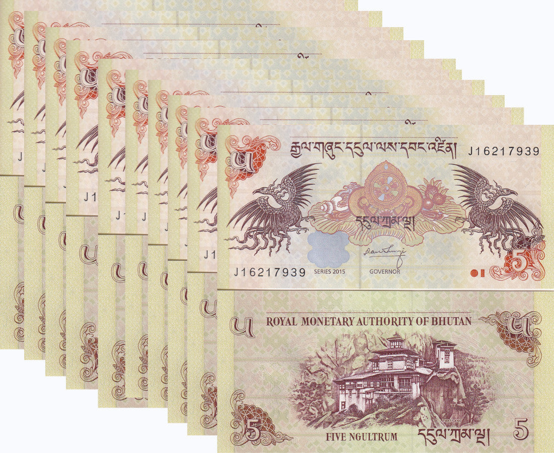 Bhutan 5 Ngultrum 2015 P 28 c UNC Lot 10 Pcs