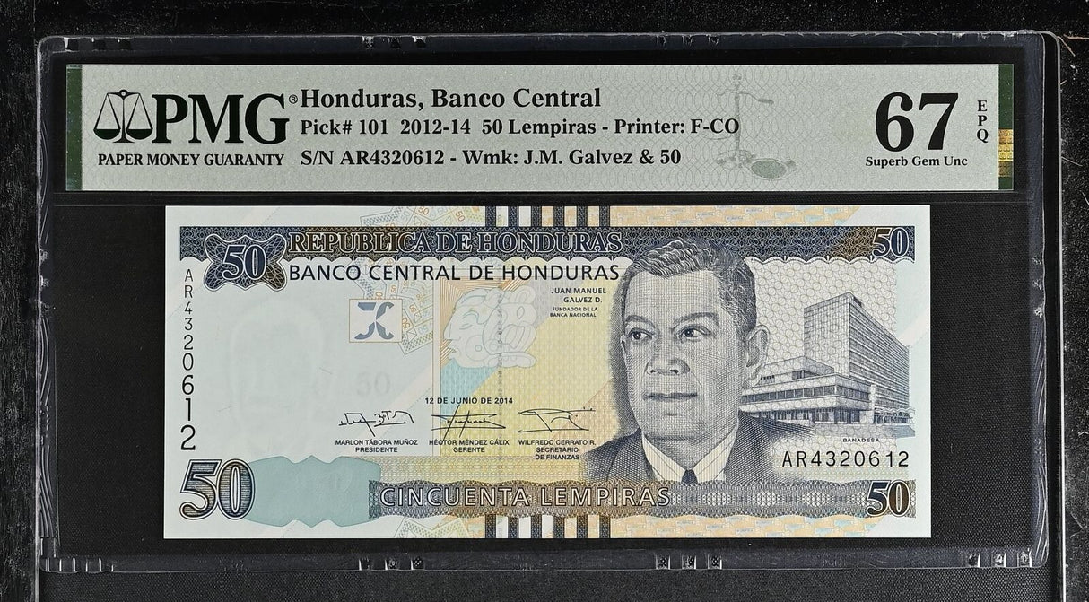 Honduras 50 Lempira 2014 P 101 Superb Gem UNC PMG 67 EPQ