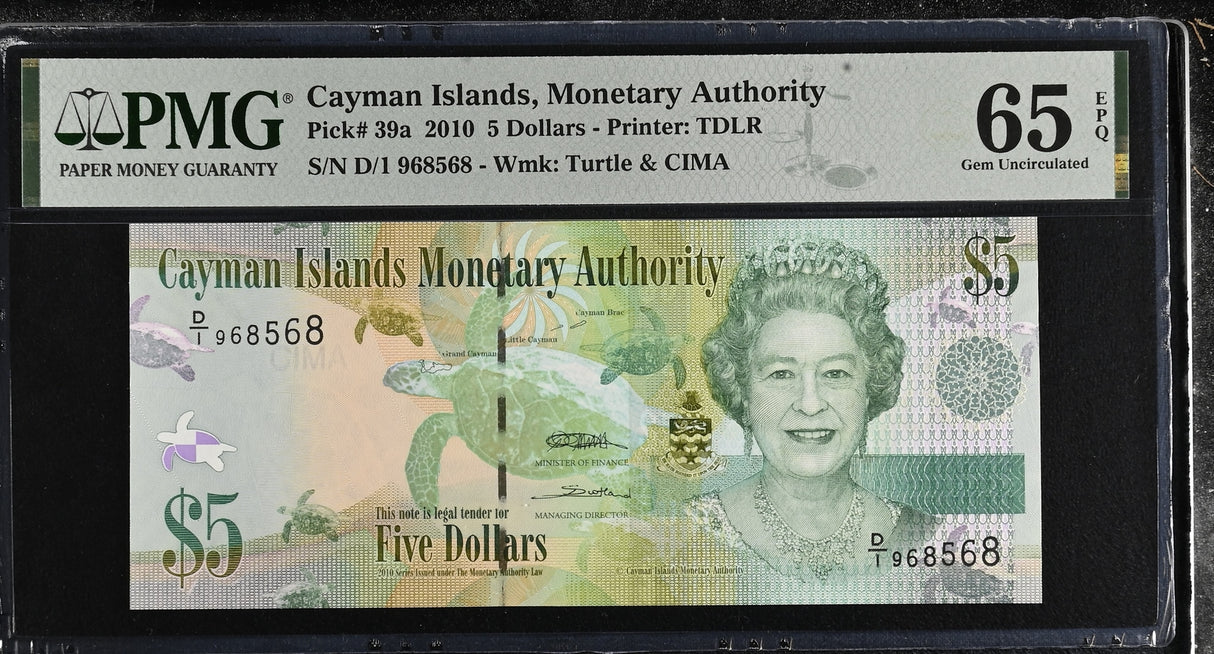 Cayman Islands 5 Dollars 2010 QEII PREFIX D/1 P 39 a Gem UNC PMG 65 EPQ