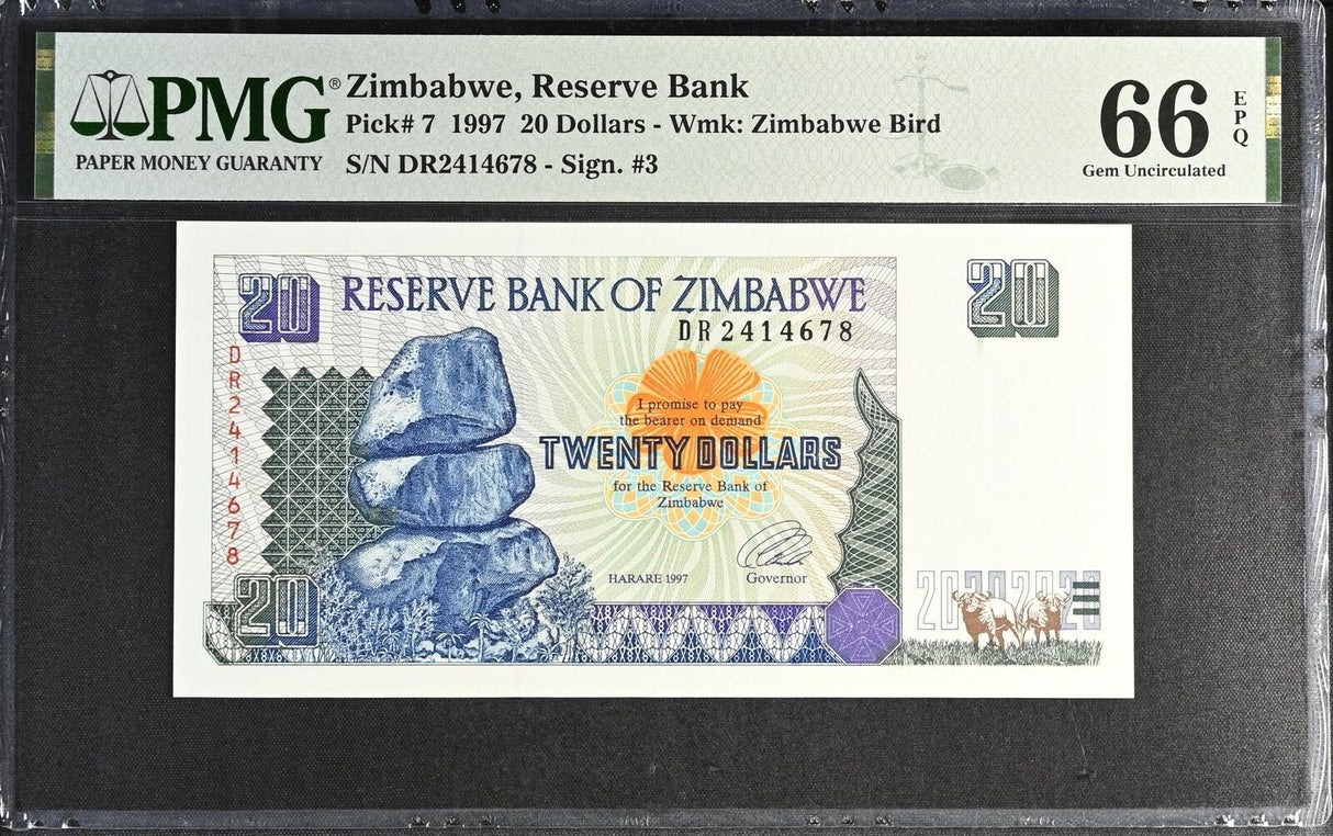 Zimbabwe 20 Dollars 1997 P 7 Gem PMG 66 EPQ