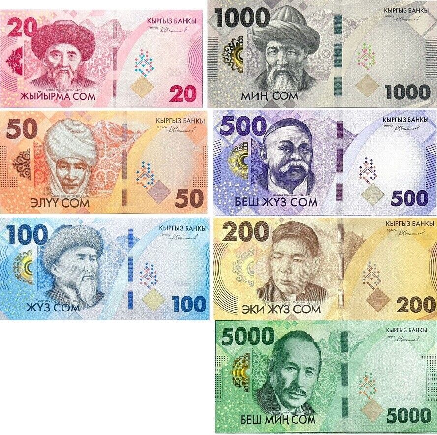 Kyrgyzstan Set 7 UNC 20 50 100 200 500 1000 5000 Som 2023/2024 P NEW 37 38 -43