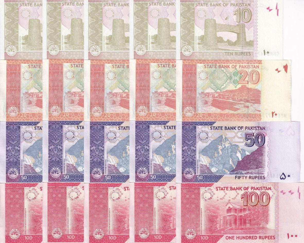 Pakistan Set 4 x Lot 5 =20 UNC 10 20 50 100 Rupees RANDOM DATE P 47 48 53 55