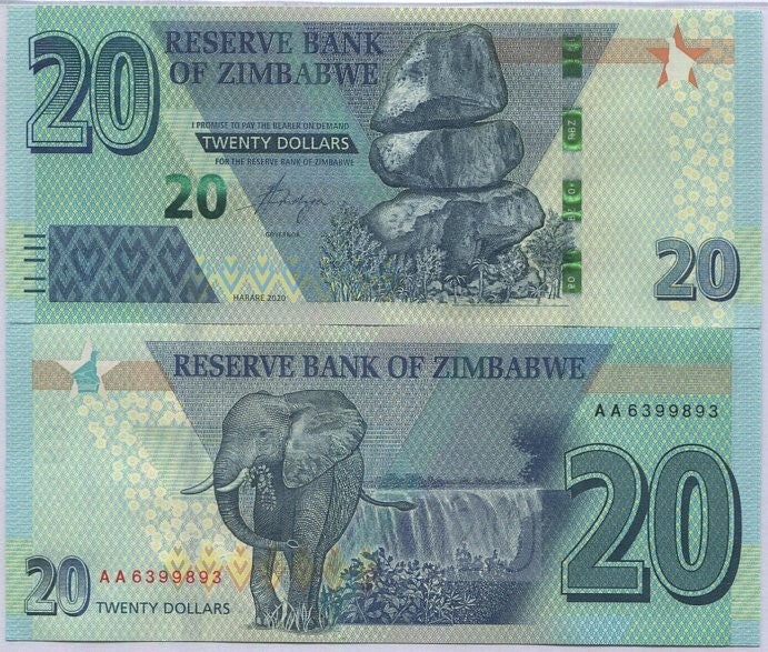 Zimbabwe 20 Dollars 2020 P 104 AA prefix UNC, Elephant, Victoria Falls