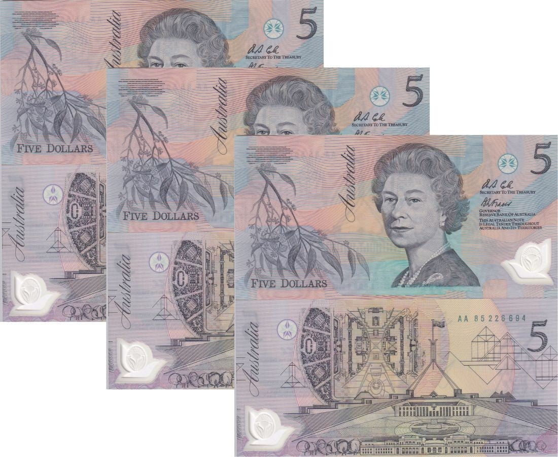Australia 5 Dollars ND 1992 P 50 a Polymer Green AA Prefix UNC LOT 3 PCS