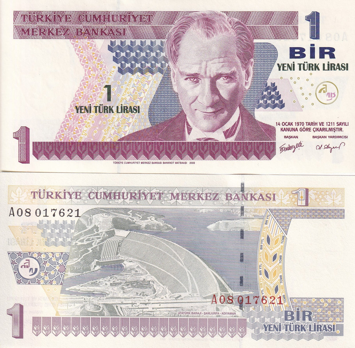 Turkey 1 Lirasi 2005 PREFIX A P 216 UNC President Mustafa Kemal Ataturk