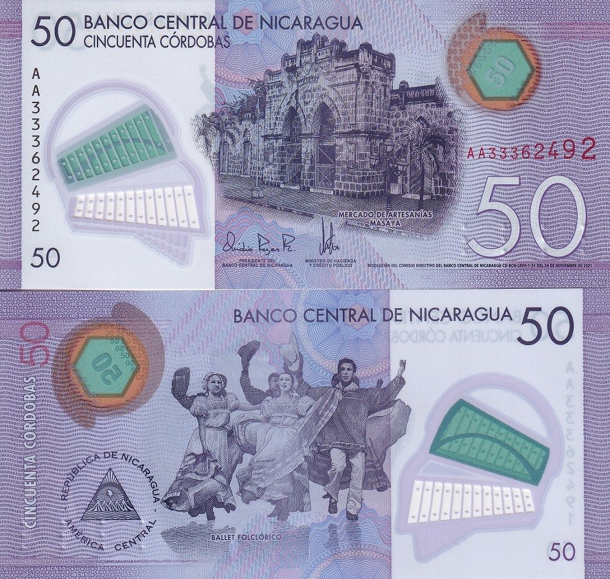 Nicaragua 50 Cordobas 2021 P 211 b Polymer UNC , Artisan Market, Masaya
