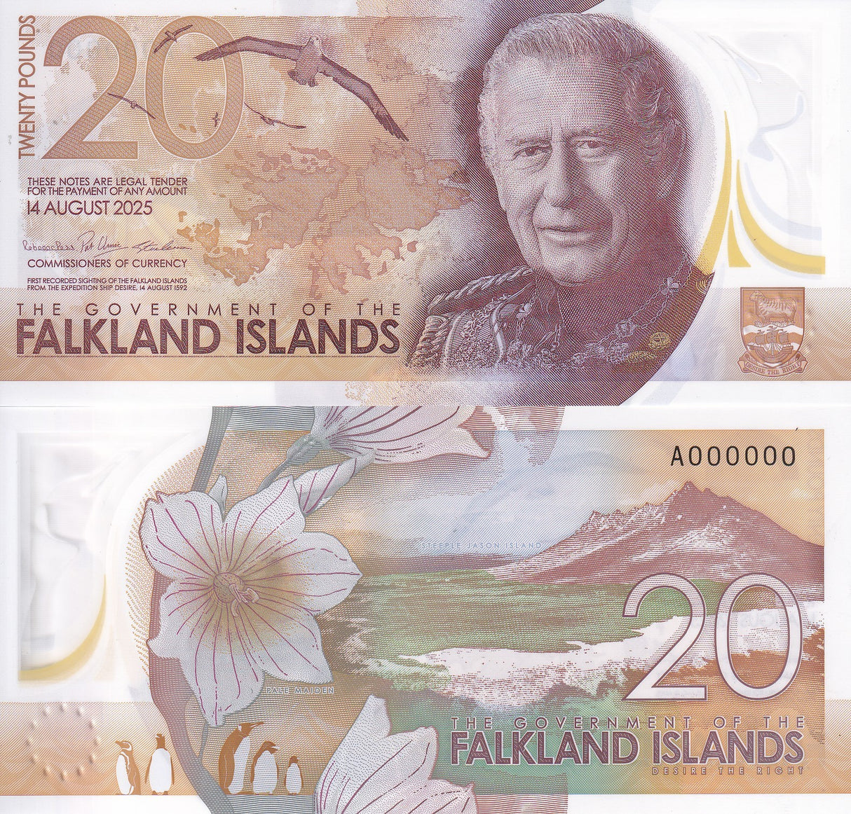 Falkland Islands SPECIMEN set 3 UNC 5 10 20 Pounds 2025 P NEW Polymer K Charles
