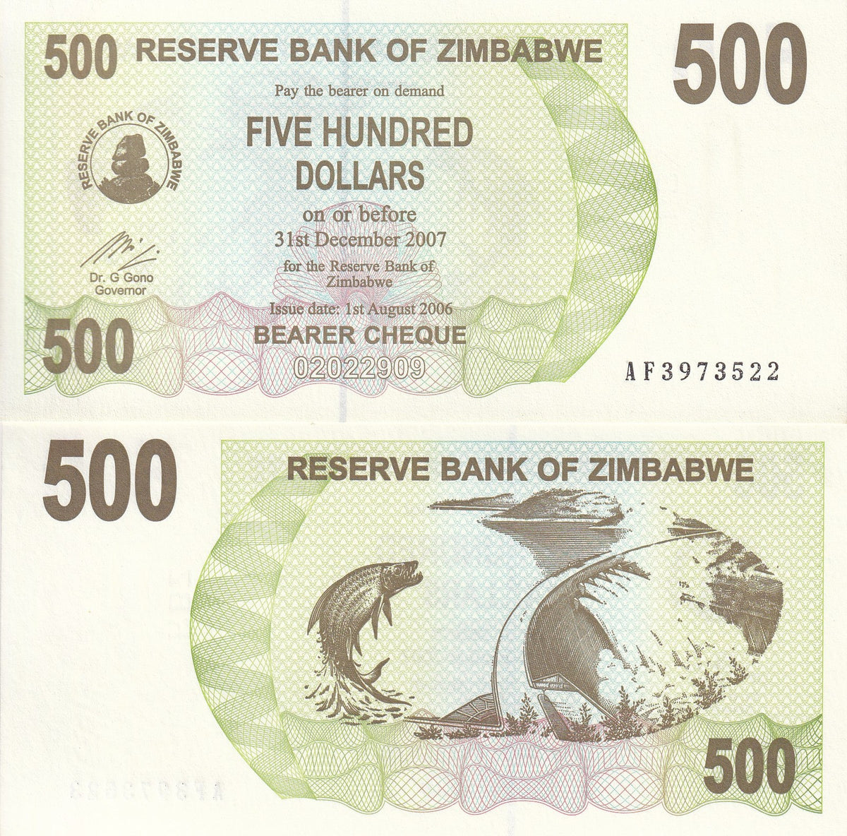 Zimbabwe 500 Dollars Bearer Cheque 2006 P 43 UNC NHB