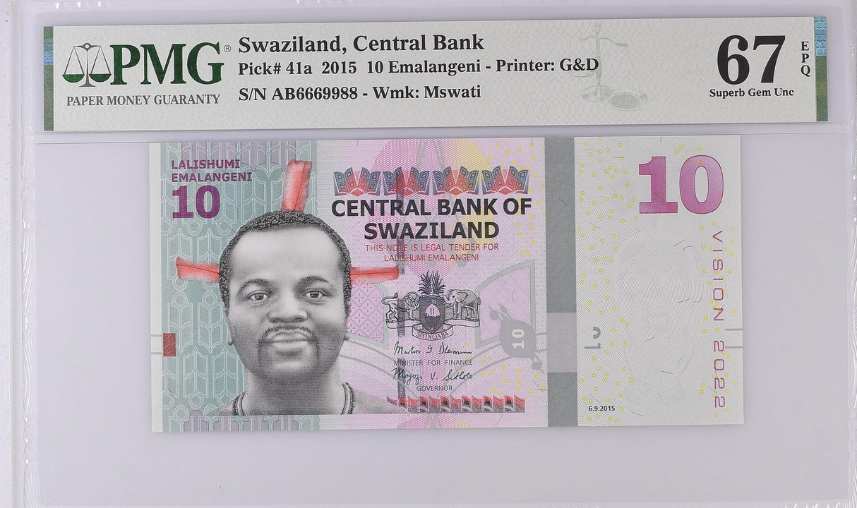 Swaziland 10 Emelangeni 2015 P 41 a 6669988 Superb Gem UNC PMG 67 EPQ