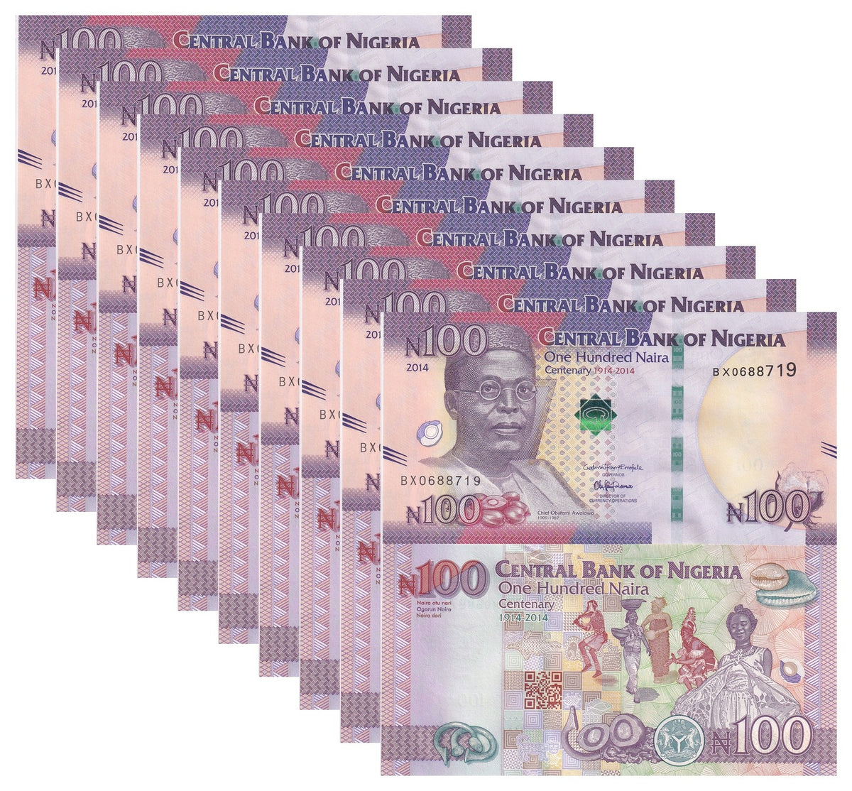 Nigeria 100 Naira 2014 P 41 Commemorative UNC LOT 10 PCS ,Chief Obafemi Awolowo