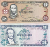 Jamaica SET 2 PCS 2 10 Dollars 1993 1994 P 69e P 71e UNC