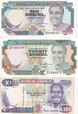 Zambia Set 3 Pcs 10 20 100 Kwacha ND 1989 P 31 32 34 UNC