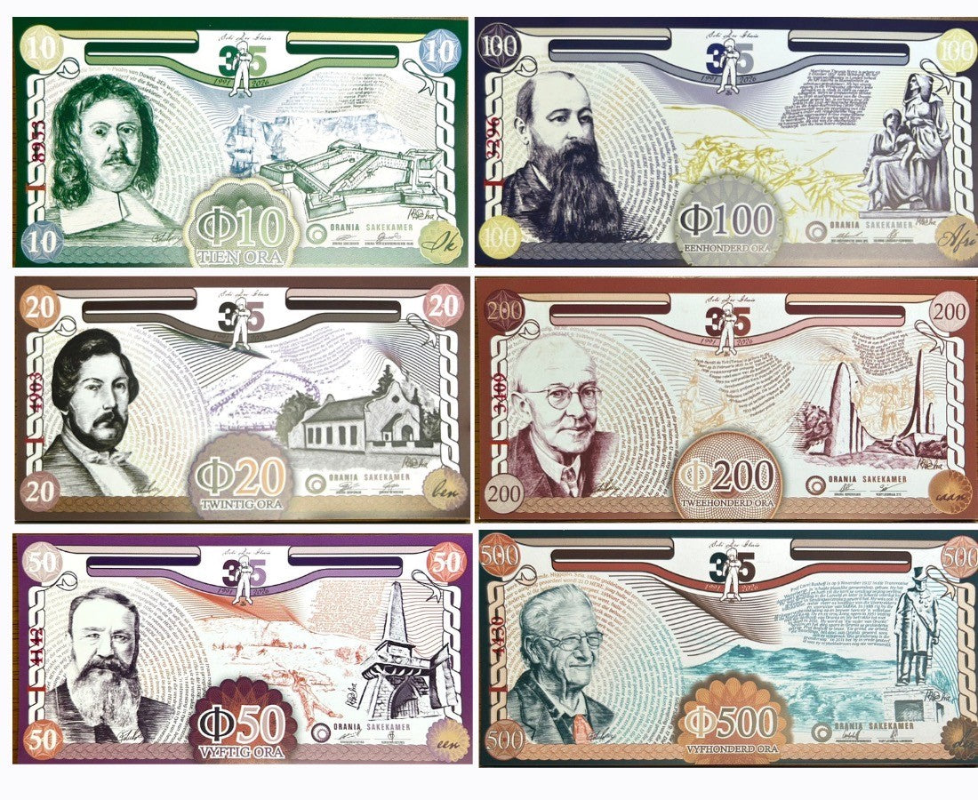 South Africa Orania Set 6 AU-UNC 10 20 50 100 200 500 Ora 2026-2029 Art PaperNHB