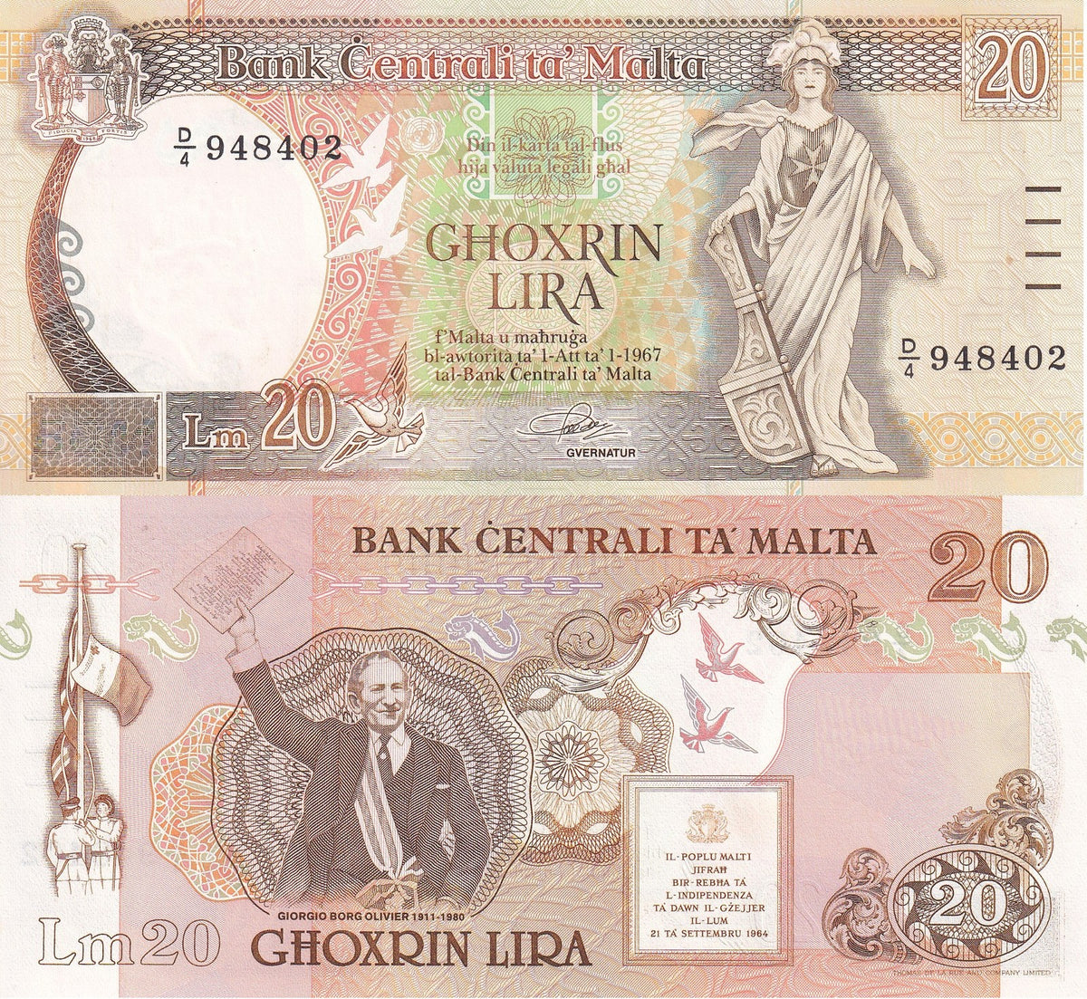 Malta 20 Liri L1967 ND 1989 P 44 UNC , Giorgio Borg Olivier showing Declaration